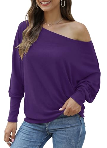Image of Aifer Women's Off The Shoulder Tops Sexy Long Sleeve Shirts Oversized Fashion Casual Batwing Sweaters Pullover Tunic Tops