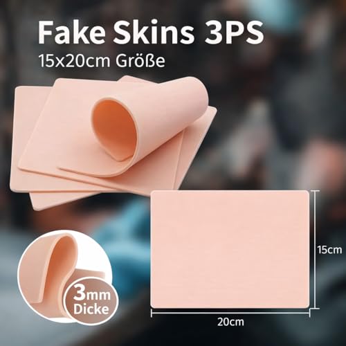 3 Stück Kunsthaut Tattoo Übungshaut, 3mm Tattoo Übungshaut 20 x 15 cm Realistische Tattoo Haut, Silikon Blank Tattoo Haut doppelte für Anfänger und Tätowierer