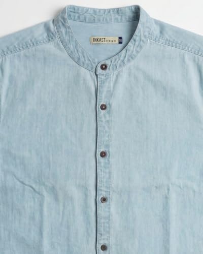 Image of Amazon Brand - INKAST Men Washed Cotton Twill Denim Casual Button Down Shirt | Mandarin Collar | Full Sleeves | Regular Fit | Stylish Summer - Everyday Wear