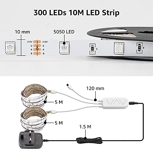 Lepro LED Strip Lights Music Sync 10M (2x5M), 5050 RGB Colour Changing LED Strip with Remote and Plug, Dimmable Stick on LED Lights for Bedroom, Kitchen, Party, Teen Girl Kids Room Decor