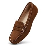 KORDAL Women's Comfortable & Lightweight Brown Suede Leather Penny Loafers Slip-Ons Cute Business Casual Dress Shoes Work Office Flats Everyday Walking Shoes Driving Mocs for Women 8 M US