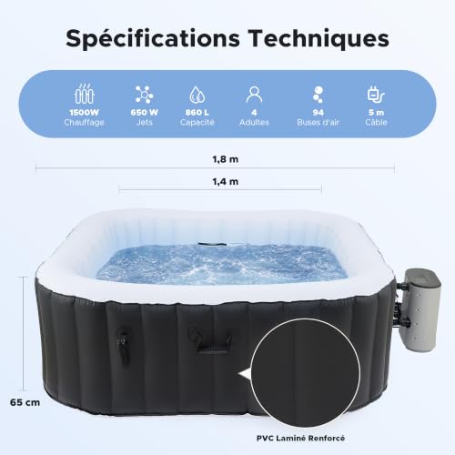 CO-Z Spa Gonflable 4-6 Personnes Carré 1,8m, Bain à Remous Gonflable Extérieur avec 94 Jets de Massage, Chauffage Rapide, Pompe & Couverture, Périphérie de Jardin Terrasse - Noir – vue 2