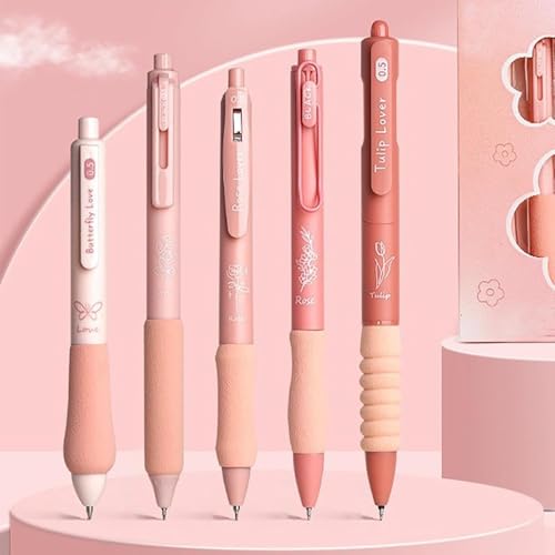 Image of PAXCOO Flower Theme Gel Pens Set of 5, 0.5mm Fine Point Blue Ink Quick Dry Retractable Gel Pens, Aesthetic Cute Flower Pens for School, Office,Note Taking, Smooth Writing with Comfortable Soft Grip