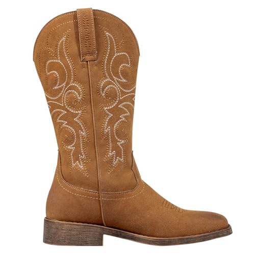 Image of J's.o.l.e Womens Square Toe Cowgirl Cowboy Boots Mid Calf with Chunky Heel Retro Embroidery Western Boots