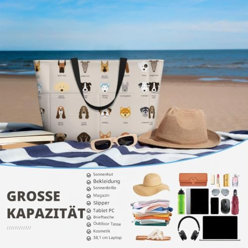 FLYIFE Bedruckte Strandtasche mit Hundemotiv, große Kapazität, Schultertasche für Damen, mit 7 Taschen, faltbar, Schwarz , Einheitsgröße