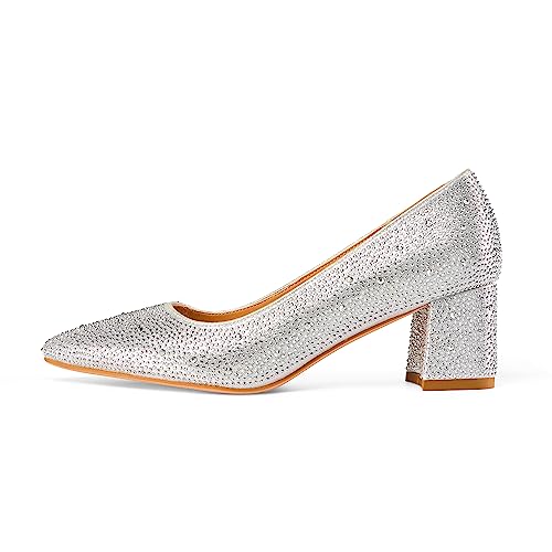 Women's Fashion Sparkly Rhinestone Low Block Heel Pumps Shoes Bling Dressy Suede Pointed Toe Slip-on Chunky Heels for Wedding Party2