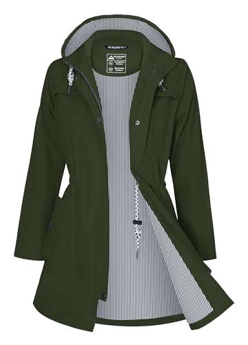 ATLASLAVA Regenjacke Damen Lang Wasserdicht Kapuze Regenmantel übergangsjacke Trenchcoat Outdoor Mantel Armeegrün L