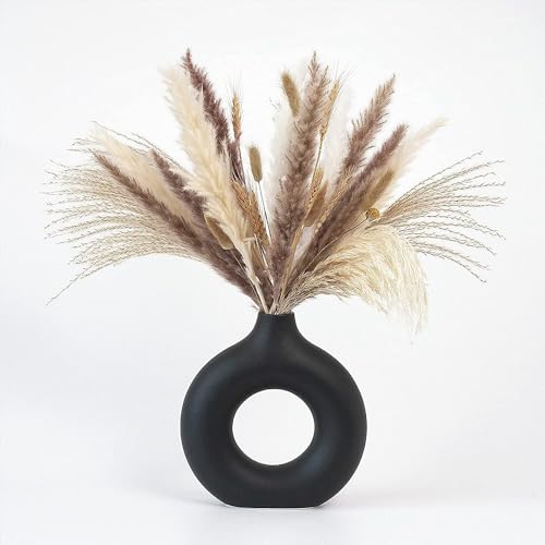 Image of White Donut Vase Hollow Ceramic Vase for Flowers Handmade Minimalist Style Modern Home Decor Round Shape Table Party Living Room Office Bedroom (Black Medium)