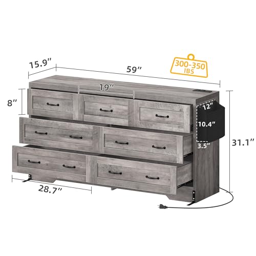 DWVO Farmhouse 7 Drawer Dresser for Bedroom, 31.5 Inch Tall Modern Dresser TV Stand with Large Drawers & Bar Handles, Storage Dressers with Power Outlets, Rustic Wood Chest of Drawers, Grey