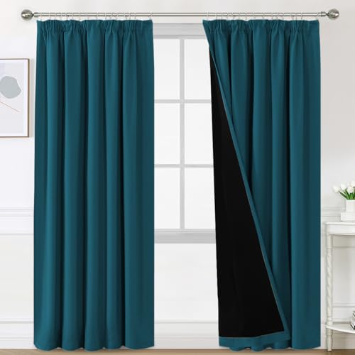 H.Versailtex 100% Blackout Curtains for Bedroom, Pencil Pleat Black Out Living Room Curtains Super Soft Thermal Insulated Curtain Pair Panel with Tiebacks, W90x L72 Inch, 2 Panels, Dark Teal