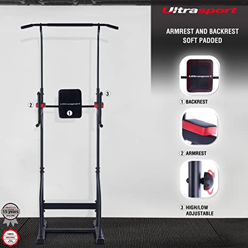 Ultrasport Power Tower, multifunctional weight station for a varied home workout, power tower, dip station, pull-up bar, push-up grips, adjustable in size, Black - Red