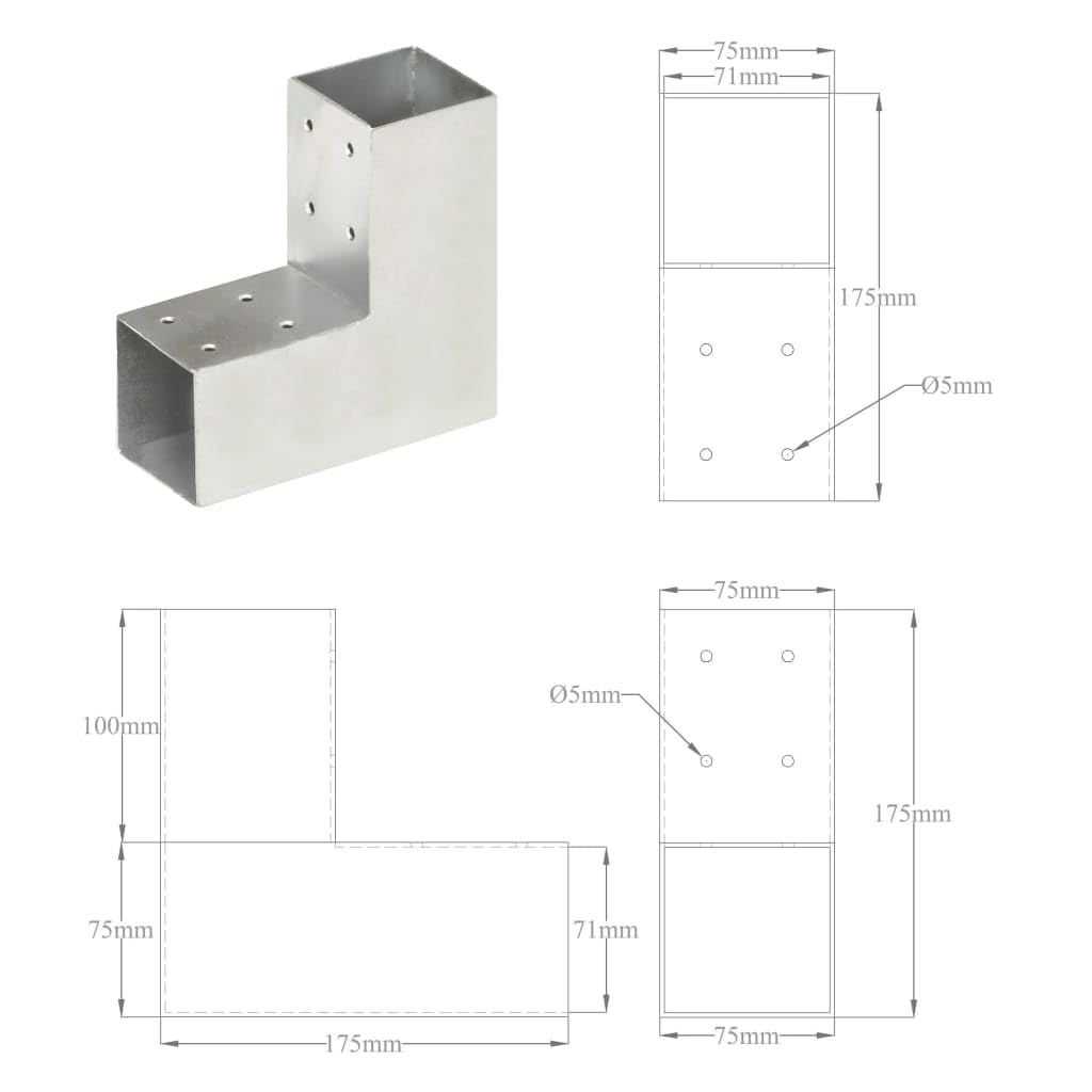 Generico Connettori per Pali a Forma di L 4 pz Metallo Zincato 71x71 mm,Articoli di ferramenta,Barriere e recinzioni,Pali e Assi per recinzioni-145454