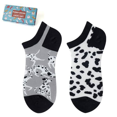 NxnChc Chaussettes courtes amusantes pour homme et femme unisexe de nombreux motifs animaux manger fruits sport art en coton cadeau motifs asymétriques gauche et droite, Imprimé dalmatien, 35-46