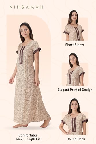 Image of NIHSAMAH Cotton Nighty for Women with Pocket, Premium Printed Long Nighty | Comfortable & Fancy Sleepwear /Nightwear