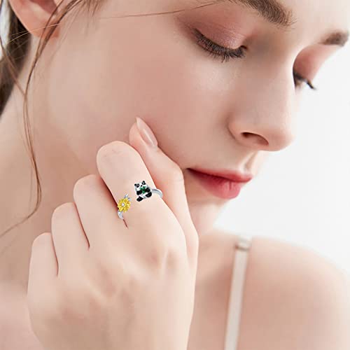 Panda Sunflower Ring 925 Sterling Silver You Are My Sunshine Sunflower Adjustable Open Ring Panda Jewelry Gifts for Women Girls Size 6 7 83