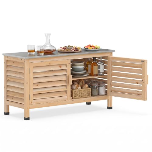 Image of Tangkula Wood Outdoor Storage Cabinet with Stainless Steel Countertop, Gray