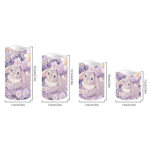 Image of Cute Bunny Puprle Daisy Flickering Flameless Candles with Remote LED Pillar Candles Battery Operated with Timer Color Changing Electric Candles Easter Decoration