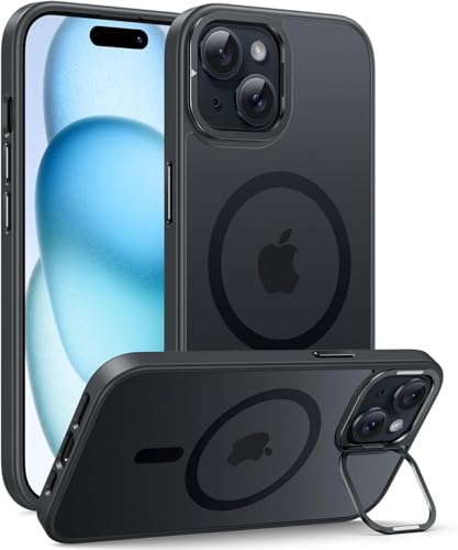 Image of MagPro case with Stand for Apple iPhone 15 | Magnetic Compatible Protective Cover with Strong Magnetic, Shockproof Armor, Scratch Resistant Polycarbonate Hard Back | Translucent Matte Black