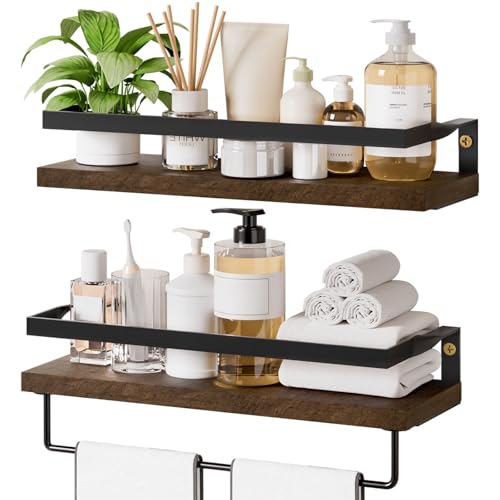 Yorbay Mensola da parete in legno, set da 2 pezzi, con porta asciugamani, mensola da appendere, in legno, per cucina, bagno, lavanderia, soggiorno, marrone