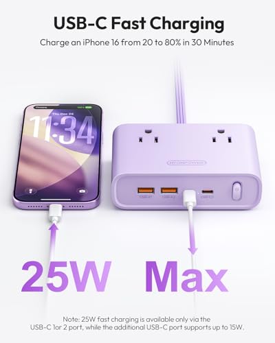 NTONPOWER Power Strip con enchufe plano, estación de carga de escritorio con puertos USB C de 25W, extensión morada con 4 tomas AC, cable plano de 1.52 m para oficina en casa y dormitorio miniatura 3