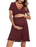 Doaraha Camisón Lactancia Algodón Mujer Ropa de Dormir Premamá Hospital Vestido de Maternidad Embarazo Pijama Embarazadas Camisones Embarazada Manga Corta Suave (B# Vino Rojo - Manga Corta, XL)