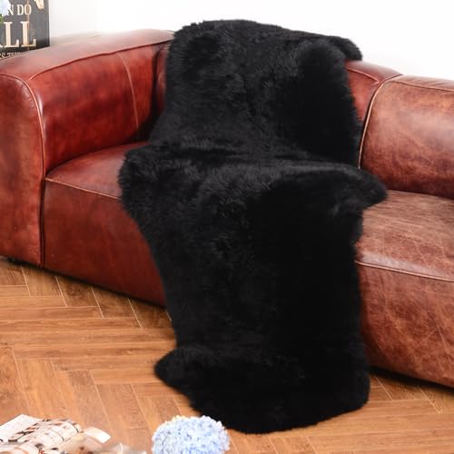 Premium Genuine Fur Sheepskin Rug Real Australia Sheepskin Natural Luxury Fluffy Lambskin Fur Area Rug Seat Covers for Kids Bedroom Sofa Chair Cover (Black, Double Pelt/2ft x 6ft)