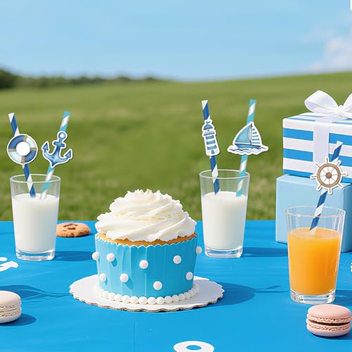 50 pitillos de papel náuticos azul marino rayados miniatura 3