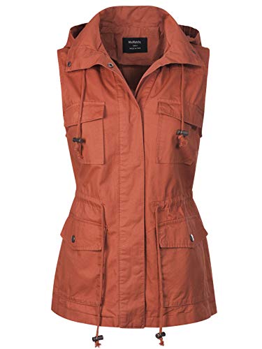 MixMatchy Women's Drawstring Lightweight Loose Fit Sleeveless Vest Utility Jacket Rust L