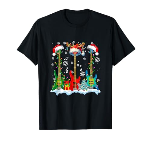 Three Santa Bass Guitars As Xmas Tree Guitarist Rock Lover T-Shirt