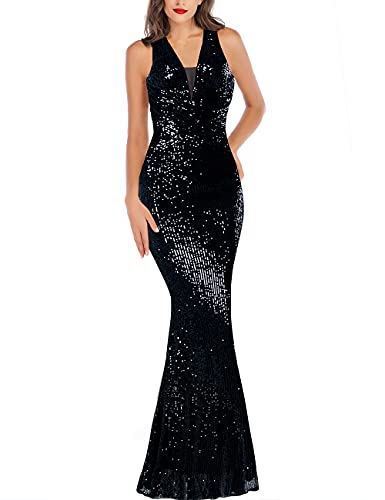 A ARFAR Prom Dress for Women Evening Party Dress Ladies V-Neck Mermaid Maxi Dress Women Formal Cocktail Gowns Wedding Dress Sleeveless Sexy Bodycon Graduation Dress Black XL