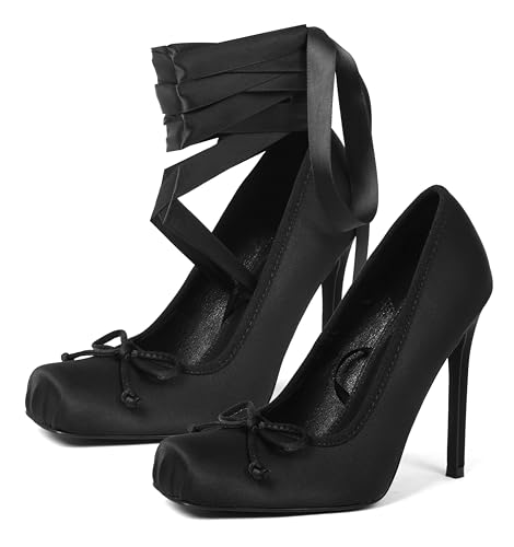 Oiamenne Satin Ballet Heels for Women Black Ballerina Stiletto High Heels for Women Elegant Shoes Square Toe US 7