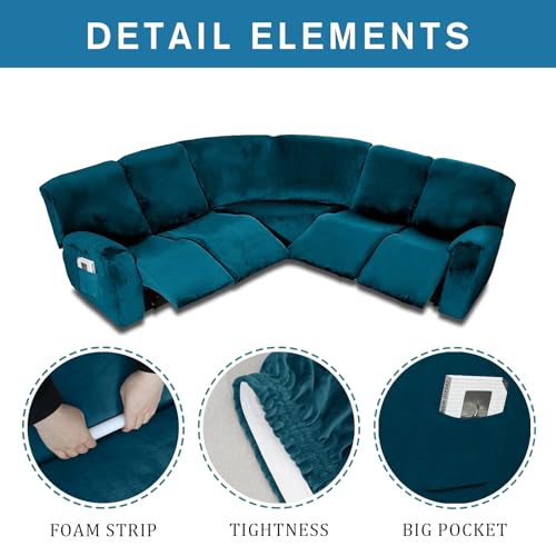 Housse de canapé inclinable en L extensible bleu lavable 5 places