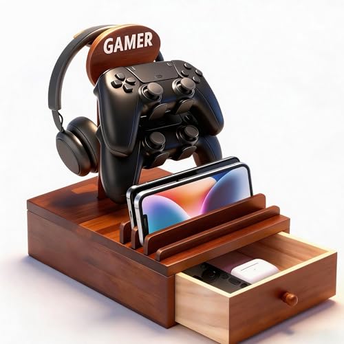 cxtyerak Gamer Controller Holder Headphone Stand with Storage Drawer for Gaming Equipment,Wood Gamer Gifts for Teenage Boy,Headpset Stand Gaming Desk Accessories for Men,Brother,Son,Boyfriend,Husband