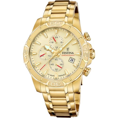 Festina Montre Homme Analogique en Acier Inoxydable 316L Doré - Mouvement Quartz - Chronographe - Calendrier - Verre Minéral Résistant - Étanche 10 ATM...