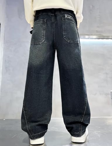 Boys Baggy Jeans Straight Leg Cotton Denim Pants with Pockets Elastic Waist Loose Fit Casual Trousers 5-14 Years2