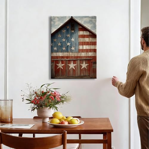 Image of RIBNTAK Rustic American Flag Barn Canvas Wall Art, Vintage Patriotic Farmhouse Artwork Pictures, Americana Country Wall Decor for Living Room Bedroom Entryway Office