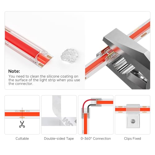 Image of BTF-LIGHTING FCOB IP65 Waterproof Red Color COB LED Strip 16.4FT DC24V 480LED /m 8mm Width Flexible High Density CRI 90+ Dimmable LED Light for Home Indoor Decor(No Controller or Adapter)