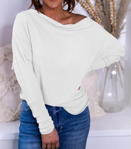 Okiwam Women's Fall Tops Long Batwing Sleeve Shirts Boat Neck Off The Shoulder Loose Tunic Blouses 2025 Fashion Clothes