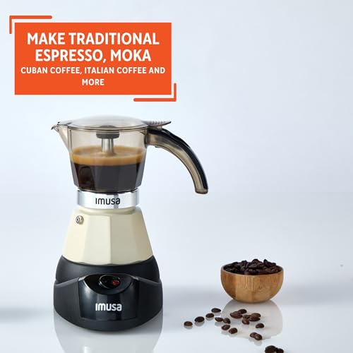 Image of IMUSA 3 or 2 Cup Electric Almond Espresso Maker, Compact Moka Coffee Machine with Keep Warm Function, Detachable Base, Milk Coffee Brewer for Cuban, Italian & Espresso Drinks