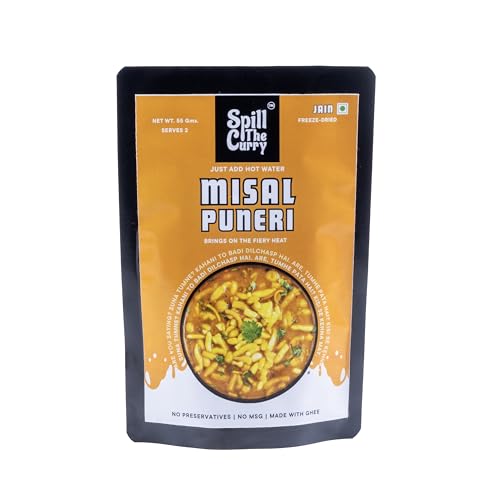 SPILL THE CURRY Puneri Misal Jain Ready to Eat | No Onion No Garlic | Authentic Maharashtrian Misal | Freeze-Dried Instant Meal | Pure Ghee, No Preservatives, MSG-Free | Travel & Hostel Friendly | Pack of 1 (55g)