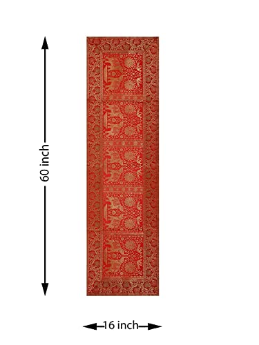 Image of E-Ezra Silk Banarsi Brocade Traditional Table Runner for Dining Table 4 & 6 Seater Table Cloth Rectangle Coffee Table Cloth / 152 cm (Red)