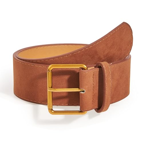 Women Wide Chunky Belts for Jeans Pants Dresses, Thick Black Brown Leather with Gold Silver Buckle