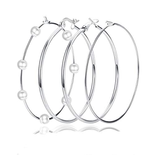 UBGICIG 4 Pairs Big Hoop Earrings for Women,Large Hoops Super Huge Circle Pearls Earrings for Women Stainless Steel 14K Gold Plated Thin Hoop Earrings Set for Women Girls Sensitive Ear 60mm/80mm/100mm