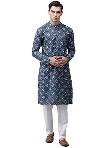 Image of See Designs Blue & White Cotton Regular Fit Mandarin Collar Printed Kurta Set