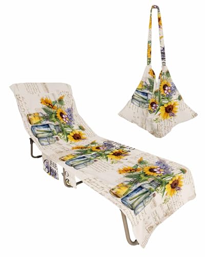 Sunflower Beach Chair Towel Covers for Chaise Lounge With Side Pocket, Soft Plush Pool Towels Cover for Patio Sunbathing Outdoor Retro Spring Blossom Floral Summer Off-White 29''x85''