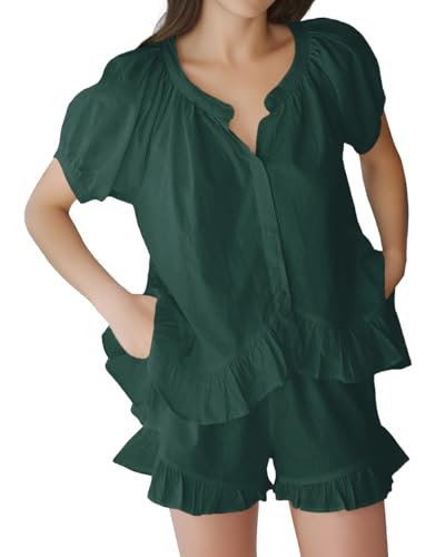Image of Womens Fashion Summer Short Sets Short Sleeve Button Down Ruffle Trim Top and Shorts Cotton Pajama Sets