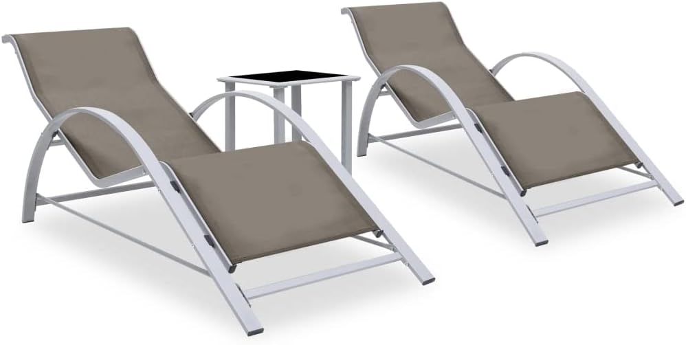 Sun Loungers 2 pcs with Table,Outdoor Chaise Lounge,Patio Lounge Chair,Beach Sunbathing Chair,Camping Chair,Portable Loungers,for Outdoor Sunbathing,Patios,Pools,Lawns,Camping,Aluminum Taupe