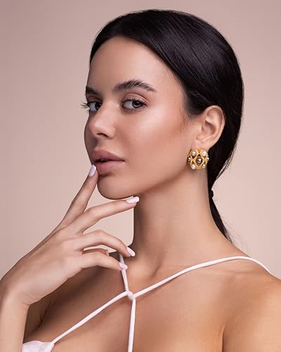 Medium Chunky Gold Cream Dark Brown Black Pearl Stud Round Button Statement Earrings for Women by SNGIA, Big Brown Bold Textured Handmade Exaggerated Dome Retro Rounded Ball Trendy Bohemian Jewelry Gifts, Unique Baroque Vintage Mother of Pearl Abalone Summer Beach Fashion Accessories, Round Thick Circular Nickle Free Huggies Earring.2