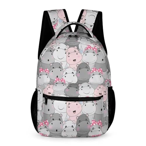 Hippo Backpack for Kids Girls Boys School, 16 Inches Cute Hippo Theme Bookbag, Adjustable, Lightweight, Large Capacity, Colorful Hippo Backpack for School