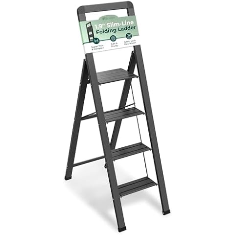 Step Ladder 4 Step Folding, Decorative - Modern Beautiful Black Aluminum,Lock Mechanism, Ultra Slim Profile, Anti Slip Steps, Sturdy-Portable for Home, Office, Kitchen, Photography Use,by SORFEY Cover